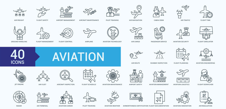 Aviation Icon Pack illustration Vector with air transport, flight safety, airport management, aircraft maintenance, pilot training