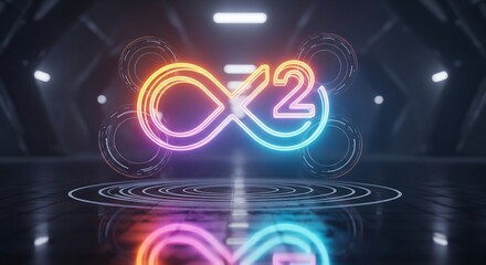 Infinite potential: A mesmerizing composition showcasing the iconic infinity symbol intertwined with a bold numeral, radiating with neon luminescence, and set against a futuristic.