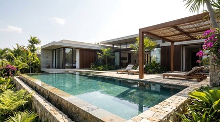 Fototapeta premium Modern villa with a serene poolside setting surrounded by lush greenery and vibrant flowers