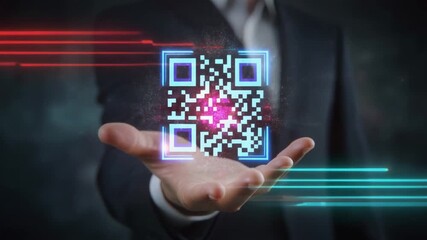 Businessman Presenting Holographic Qr Code with Digital Data Streams - Powered by Adobe