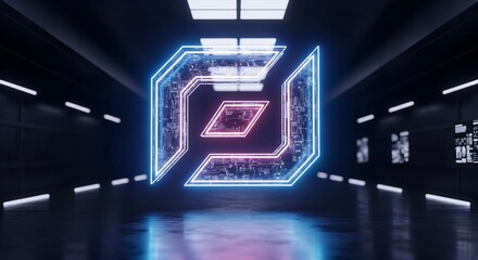 Cybernetic Emblem in Futuristic Corridor: A luminous cybernetic emblem glows within the sleek lines of a high-tech corridor. The interplay of neon light, technology.
