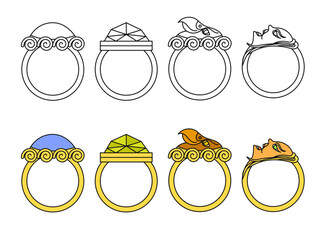 Magic rings set. Collection of fantasy and mystical power rings, outline and colored versions isolated on white. Vector illustration.