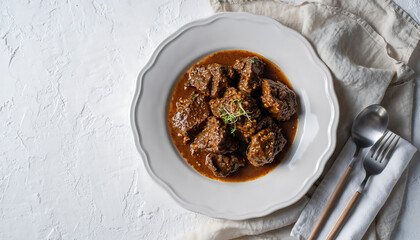 Traditional Beef Rendang Served on White Plate with Minimal Clean Background