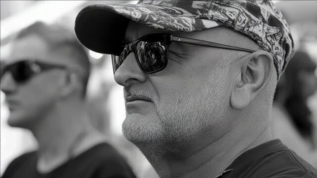 A man wearing a baseball cap and sunglasses is seen from the side, looking intently at something out of the frame. His expression is serious.