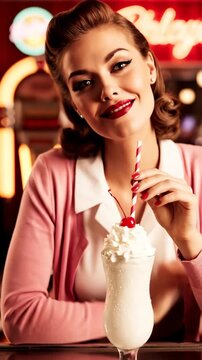 smiling caucasian woman enjoying vanilla milkshake with cherry in retro diner. vintage 1950s fashion style with pink cardigan. jukebox background. nostalgia concept. menu design.
