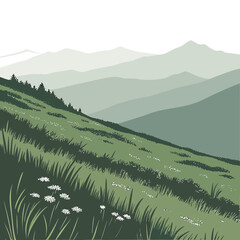 Fototapeta premium Green hillside with white flowers and distant mountain peaks
