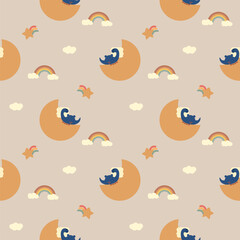 Dinosaur blue sleep on the moon cartoon so cute. On rainbow cloud meteor background. Pattern seamless vector illustration. 