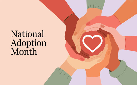 Diverse hands holding a heart symbol together in unity and love during National Adoption Month