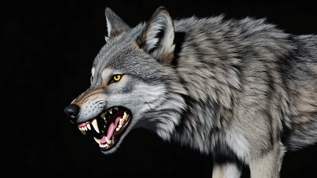 A wolf with its mouth open in a howl stance, with visible teeth and fur detail.