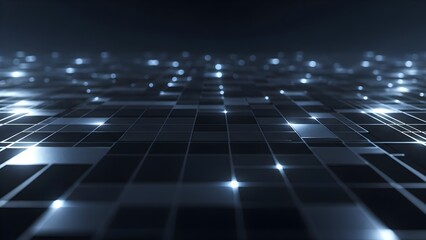 Dark blue and black grid background with glowing white lights
