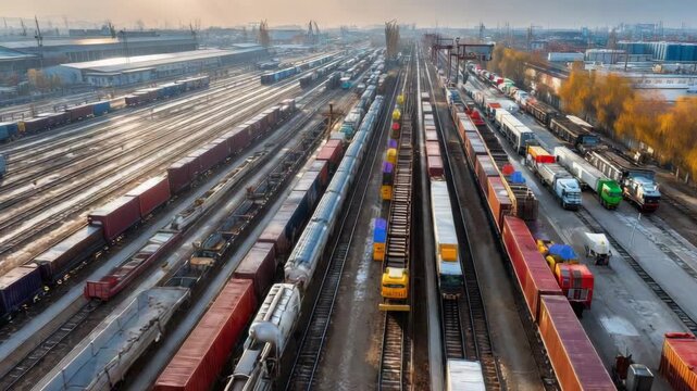 Vast train yard with many freight cars and containers under a hazy sky
