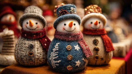 Adorable snowmen in colorful winter clothing on display