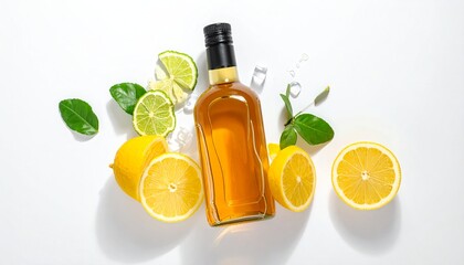 Butelka whisky otoczona plastrami cytryny i mięty 