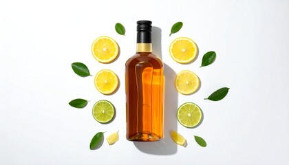 Butelka whisky otoczona plastrami cytryny i mięty 