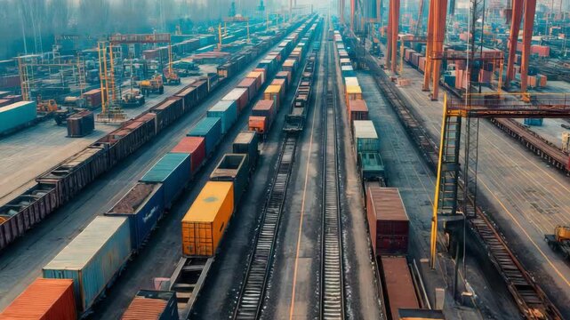 Aerial view of a busy intermodal freight train yard with many containers and cranes