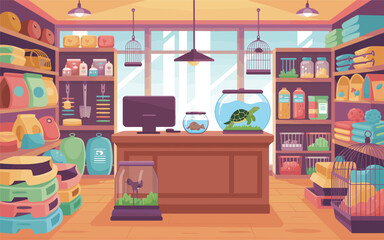A pet store counter with a computer and pet supplies viewed from the front