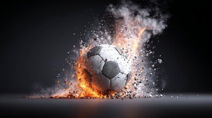 Fototapeta premium Dynamic 3d illustration soccer ball explosion effect with energy particles and motion impact, dramatic sport concept symbolizing power, competition, action, speed and modern digital design
