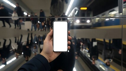 Hand holding a smartphone with a blank screen in an urban transit station with reflections