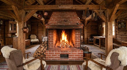 Drewniany dom jednorodzinny z dużym piecem na środku 3