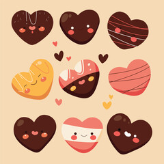 Set of cute cartoon chocolate hearts. Valentine's day vector illustration.