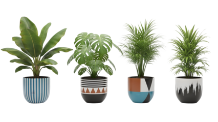 Four potted indoor plants with decorative containers on a black background