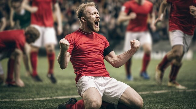 Professional soccer player celebrating goal on outdoor stadium pitch, red uniform footballer kneeling with raised fists, shouting victory as teammates and rivals watch during match