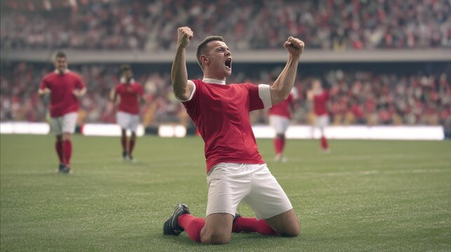 Professional soccer player celebrating goal on outdoor stadium pitch, red uniform footballer kneeling with raised fists, shouting victory as teammates and rivals watch during match