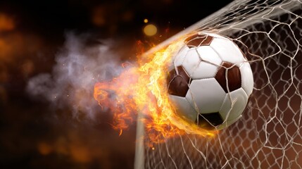Fototapeta premium Fiery soccer ball in goal with burning net and flames, dramatic sport action concept showing power, victory, competition, speed, intensity and explosive football energy