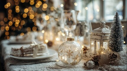 Cozy Christmas table setting with ornaments and warm lights