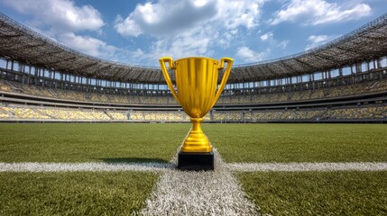 Golden cup trophy in football stadium during championship match celebration, symbolizing victory, success, competition glory, professional sport achievement