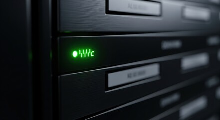 Obraz premium Modern Server Rack with Green Status Light Indicating System Functionality and Health