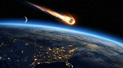 Meteor impact over north america with moon and city lights visible from space showing earth vulnerability and cosmic danger in dramatic night atmosphere