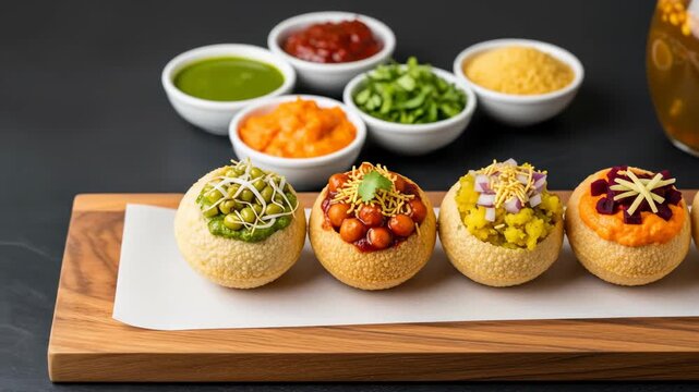 Artisanal Pani Puri A Culinary Showcase of Indian Street Food Delights with Diverse Fillings and Garnishes