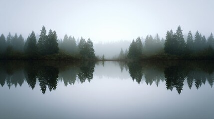 Misty reflection of pine trees on calm lake nature landscape photography serene environment peaceful viewpoint