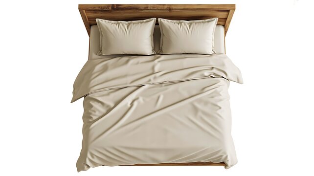 Minimalist double bed with beige bedding isolated on white background, top view bedroom furniture

