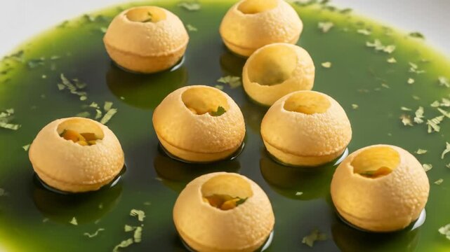Artistic Presentation of Indian Street Food Pani Puri Floating in Vibrant Green Mint Water