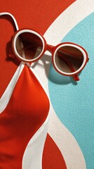 Retro Summer Vibes: Stylish Sunglasses and Swimsuit on Bold Geometric Background