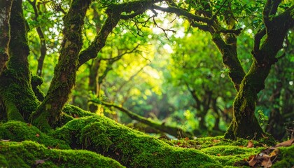 Fototapeta premium Earth Day - Environment - Green Globe In Forest With Moss And Defocused Abstract Sunlight