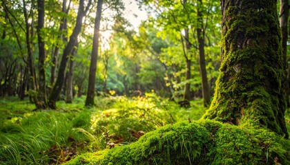 Obraz premium Earth Day - Environment - Green Globe In Forest With Moss And Defocused Abstract Sunlight