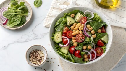 Fresh vegan salad with chickpeas, cucumber, cherry tomatoes, spinach, and onions in white bowl, ideal for healthy recipe blog, nutrition content, clean eating or plant-based food ads