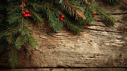Rustic wooden background with evergreen branches and red berries