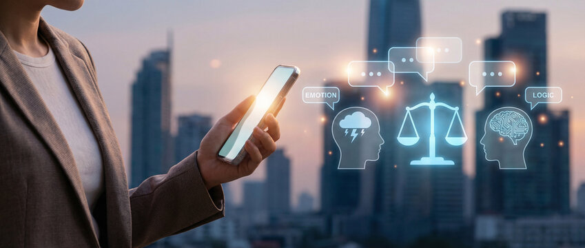 Businesswoman using smartphone with emotion and logic balance icons, decision making in digital age.