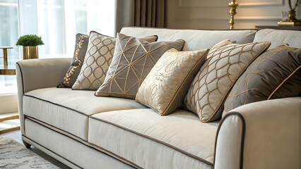 sofa and pillows, Close-up of modern sofa fabric with pillows, warm ambient light, home d&eacute;cor
