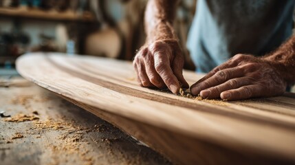 Medium shot of a craftsman carefully planing a bowshaped wooden plank smoothing its gentle curve to achieve a flawless surface with precision and skill.