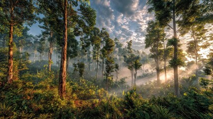 Fototapeta premium Forest landscape with tall trees and sunlight through the misty foliage