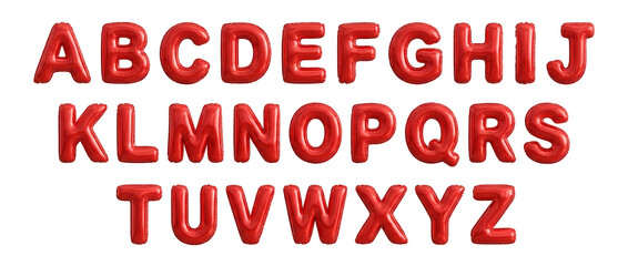 Red alphabet balloon letters party decoration playful concept, shiny latex character, red font symbol, floating celebration design on transparent background