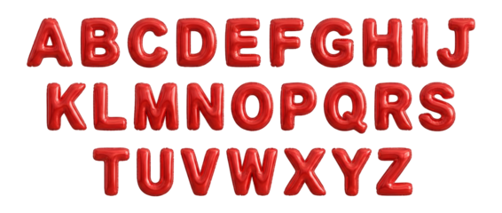 Red alphabet balloon letters party decoration playful concept, shiny latex character, red font symbol, floating celebration design on transparent background