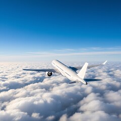 Fototapeta premium White passenger airplane flying high above fluffy white clouds under clear blue sky