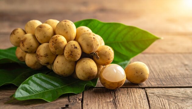 Fresh langsat or duku tropical fruit cluster with green leaves on wooden background, natural Asian fruit and healthy food concept
