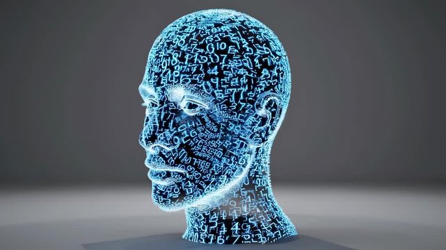 Digital human head by glowing numbers,digital face represents artificial intelligence concept,data and mathematics visualize thinking process and advanced computational mind.Human head, digital brain